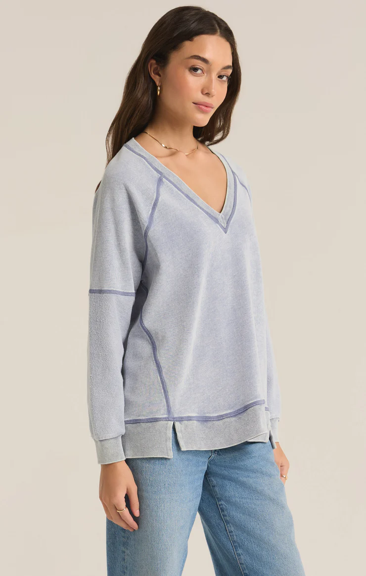 EASY V-NECK KNIT DENIM SWEATSHIRT