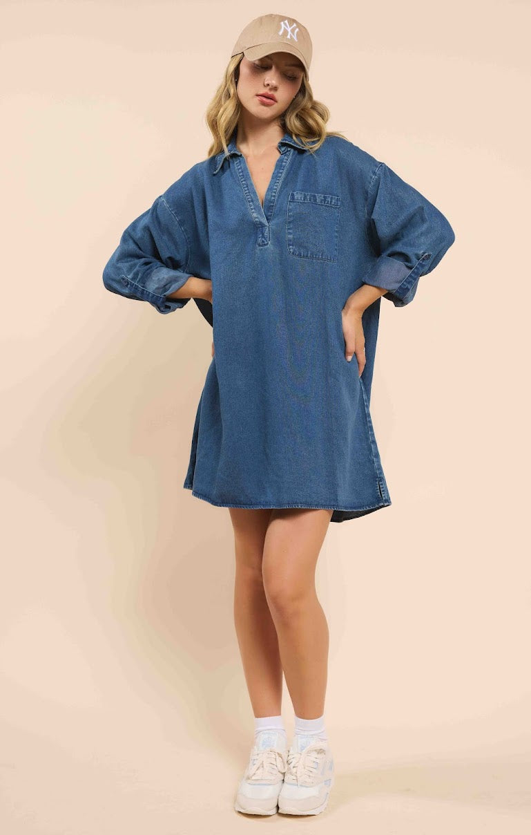 IT’S POURING COLLAR DENIM DRESS