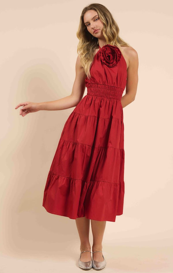 BRIELLE TIERED DRESS W/ NECK FLOWER