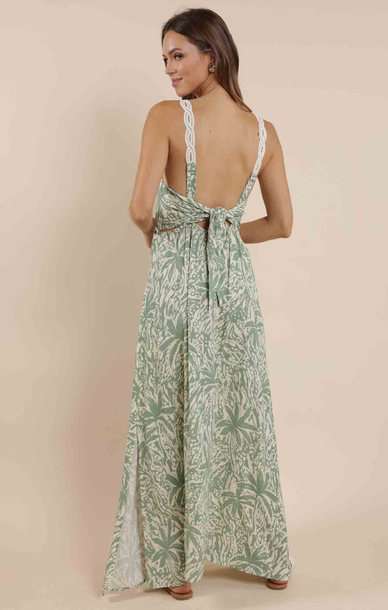 PALM WHISPERS TIE-BACK MAXI DRESS