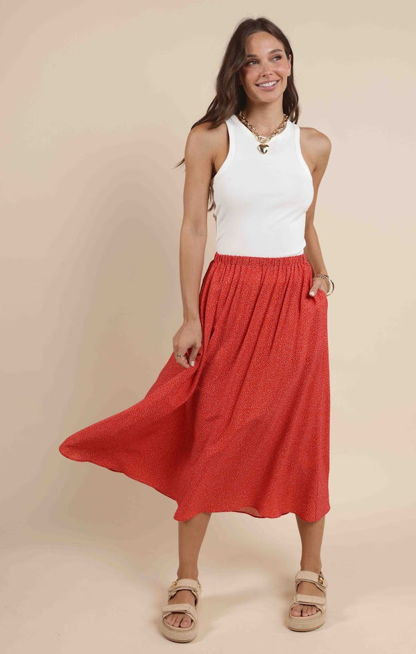 NINA ELASTIC WASIT FLOWY MIDI SKIRT