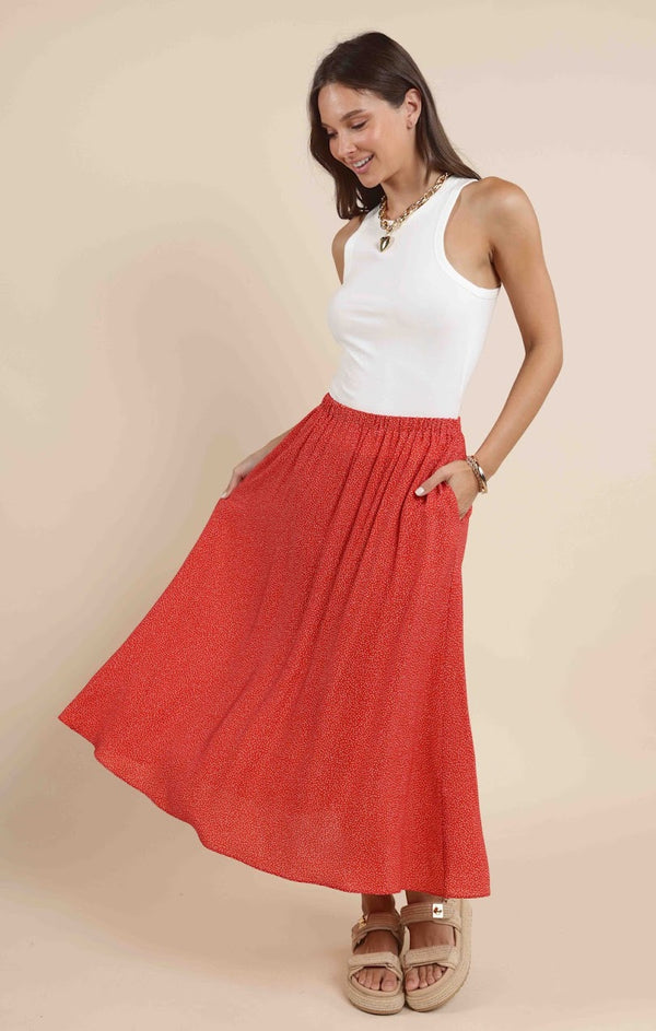 NINA ELASTIC WASIT FLOWY MIDI SKIRT