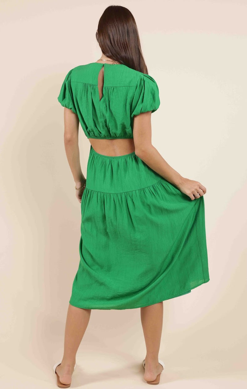 SOCIALIZE BACK CUT OUT PUFF SLV MIDI DRESS
