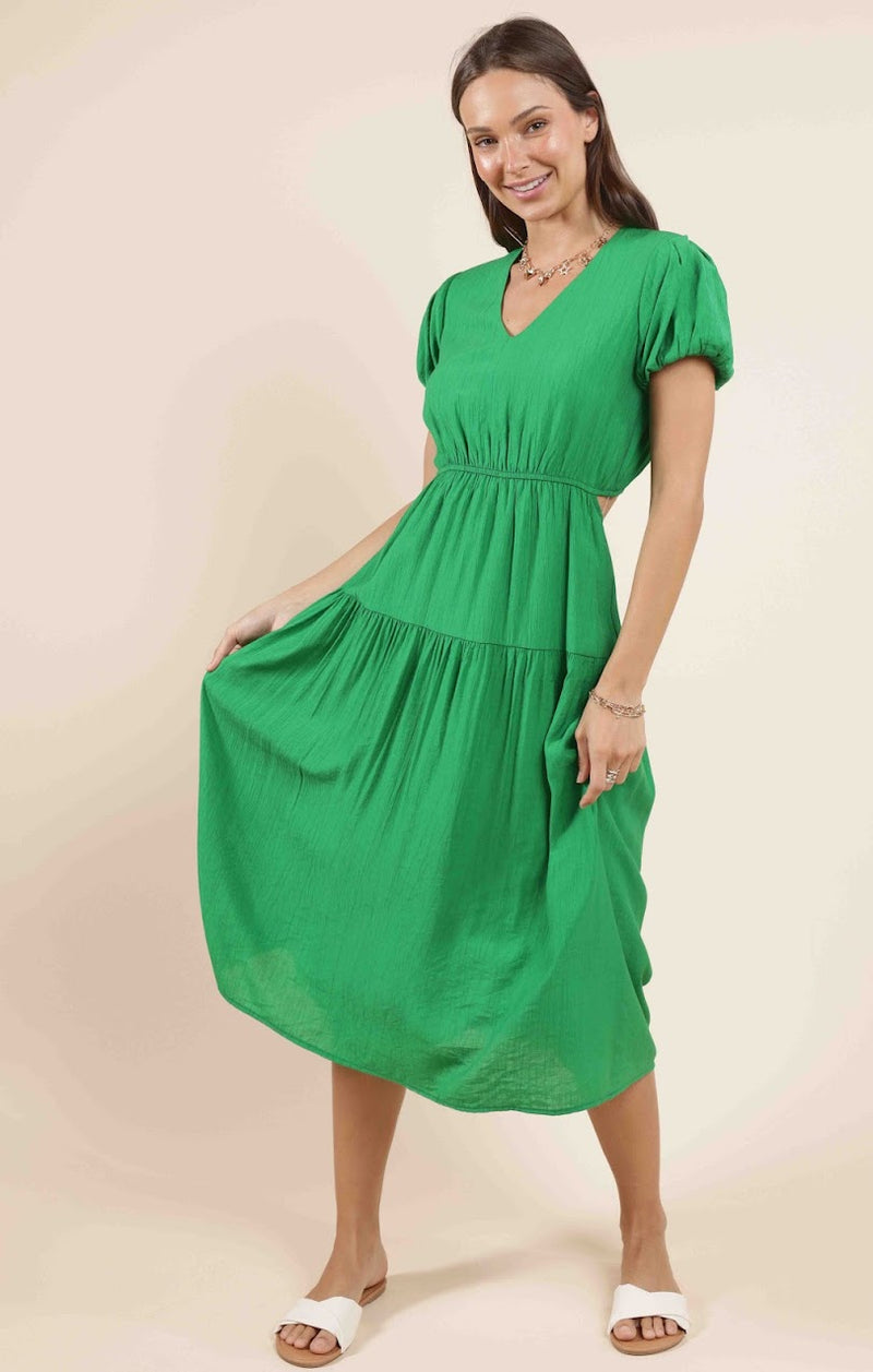 SOCIALIZE BACK CUT OUT PUFF SLV MIDI DRESS