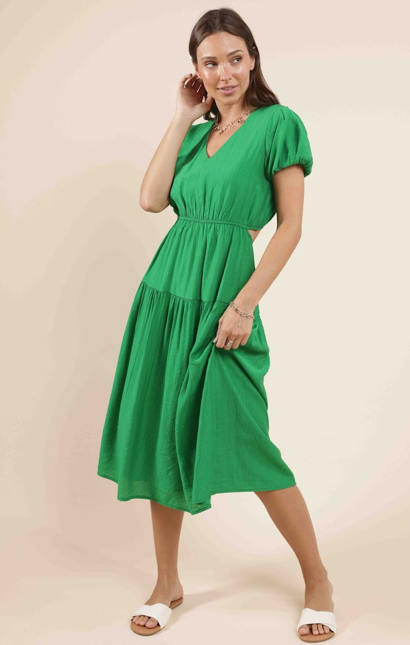 SOCIALIZE BACK CUT OUT PUFF SLV MIDI DRESS