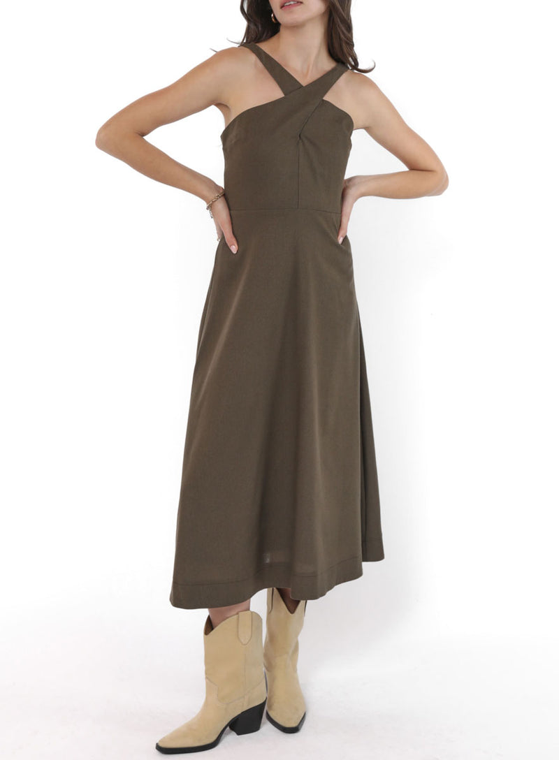 BACKYARD LINEN BLEND HALTER NECK DRESS