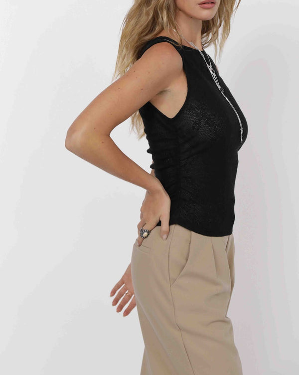 ROADHOUSE RUCHED BOAT NECK JACQUARD KNIT TOP