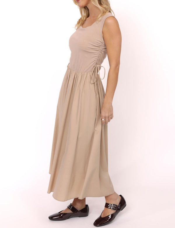 SHADES ON MIXED MEDIA RUCHED MIDI DRESS
