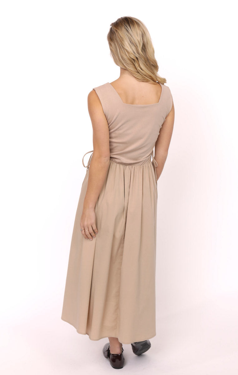 SHADES ON MIXED MEDIA RUCHED MIDI DRESS