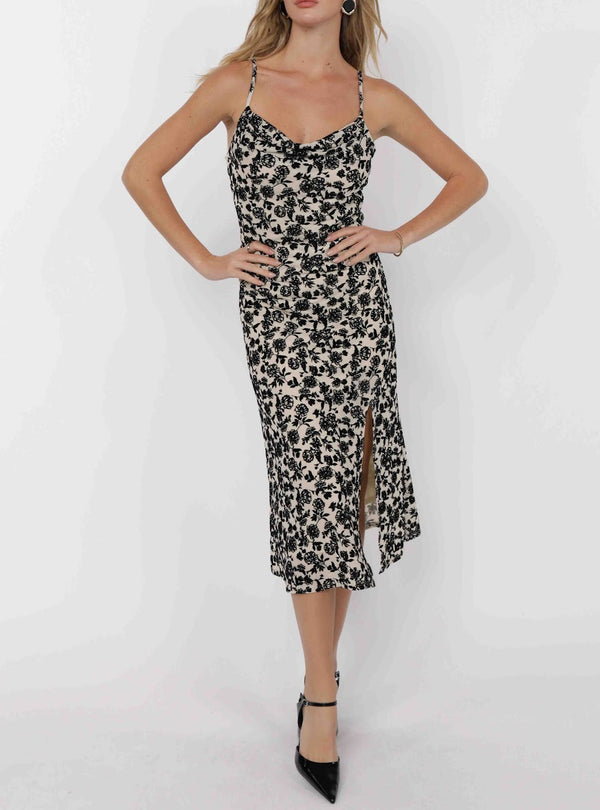 ANALOGUE NOSTALGIA COWL NECK MIDI DRESS