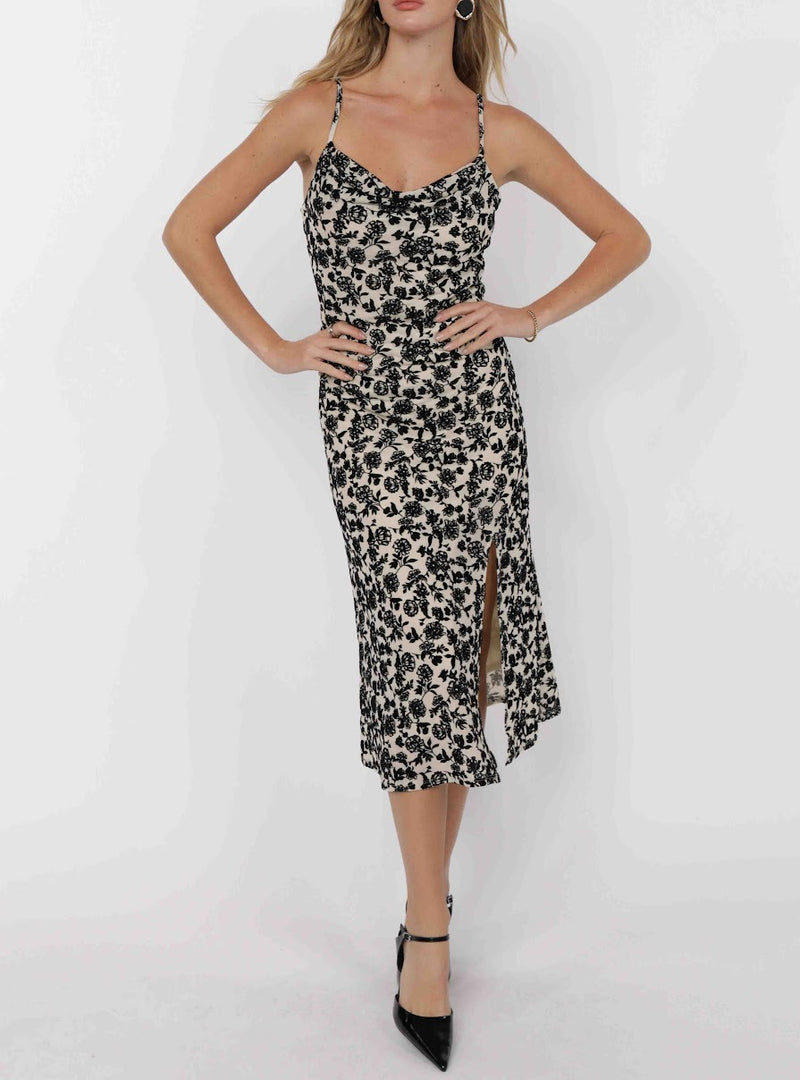 ANALOGUE NOSTALGIA COWL NECK MIDI DRESS