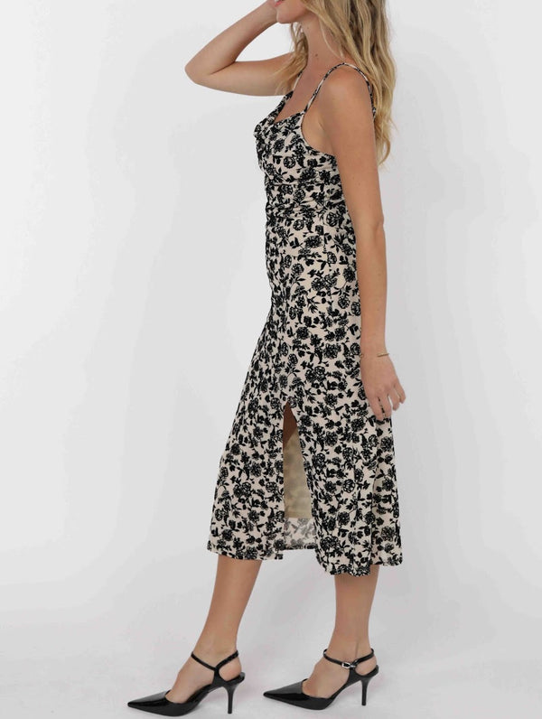 ANALOGUE NOSTALGIA COWL NECK MIDI DRESS