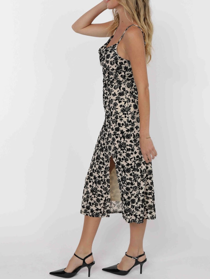 ANALOGUE NOSTALGIA COWL NECK MIDI DRESS