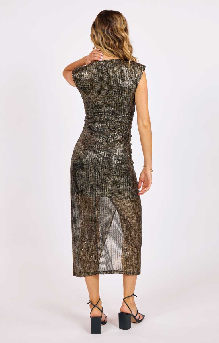 DAZZLE FOIL PRINTED RUCHED MIDI DRESS