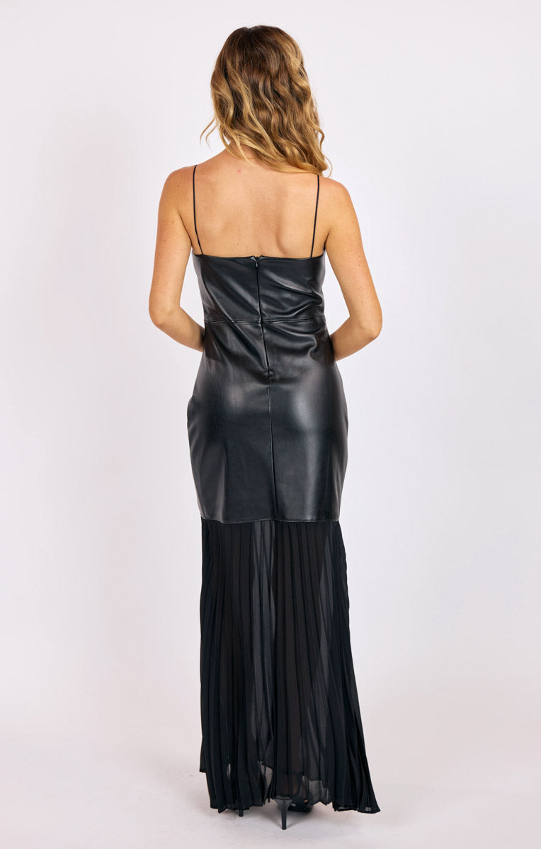 FETE VEGAN LEATHER PLEATED SKIRT MAXI DRESS