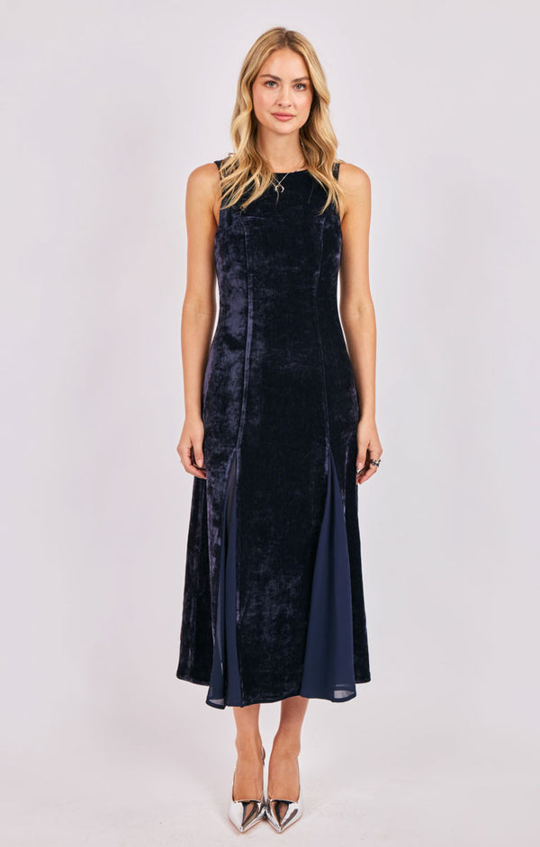VELVET AVENUE CHIFFON GODET MAXI DRESS