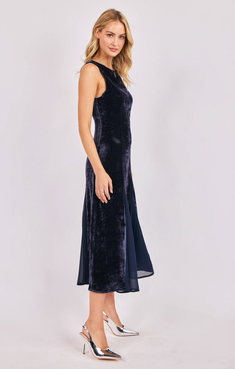 VELVET AVENUE CHIFFON GODET MAXI DRESS
