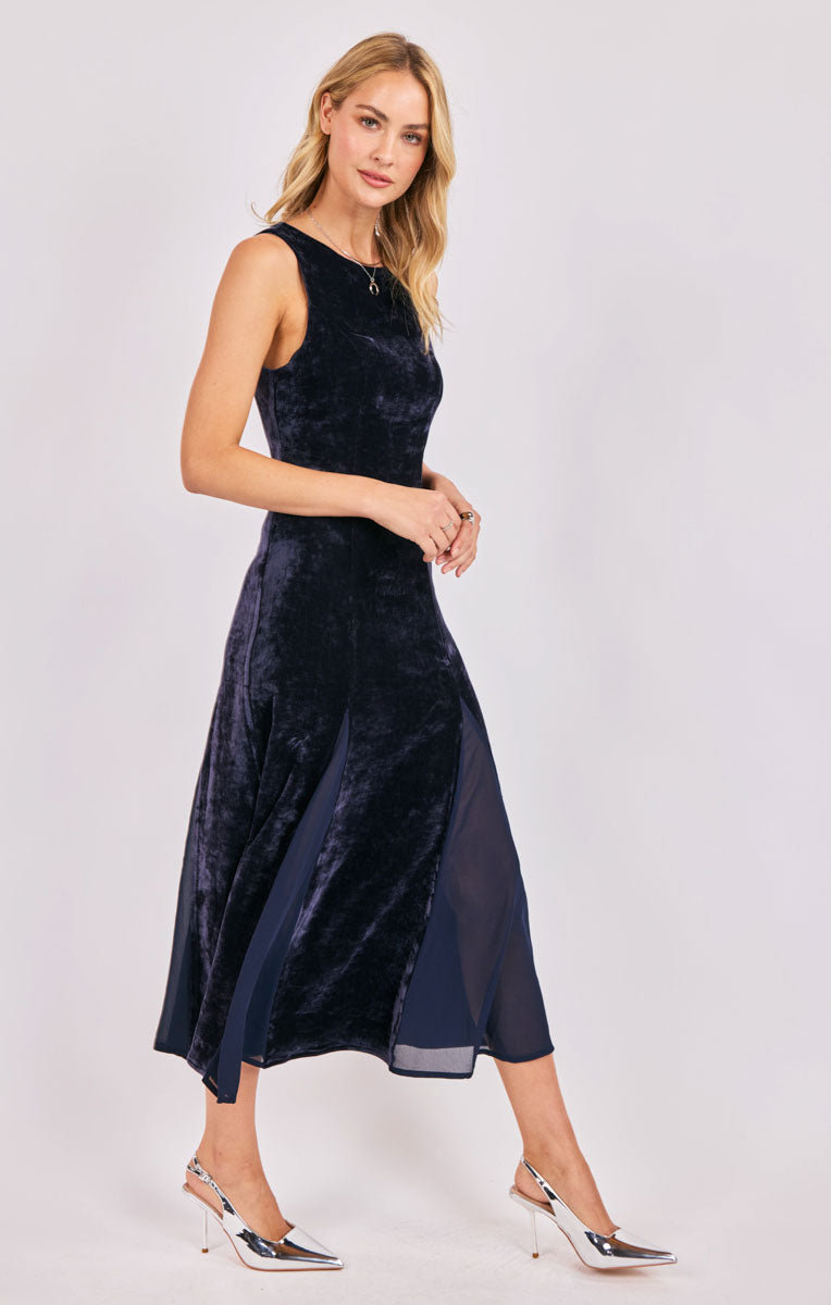 VELVET AVENUE CHIFFON GODET MAXI DRESS