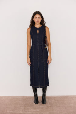 RAYA DENIM BELTED MIDI DRESS