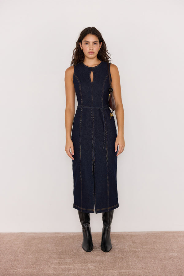 RAYA DENIM BELTED MIDI DRESS