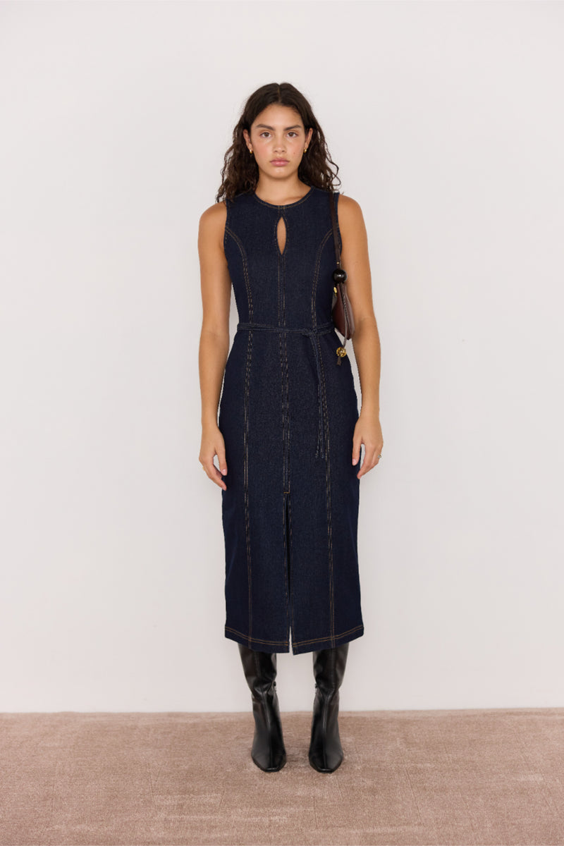 RAYA DENIM BELTED MIDI DRESS