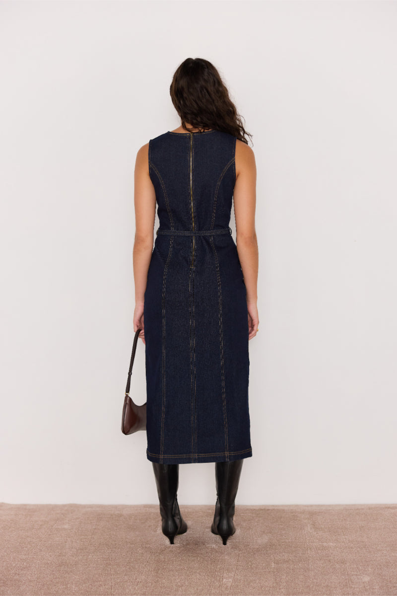 RAYA DENIM BELTED MIDI DRESS