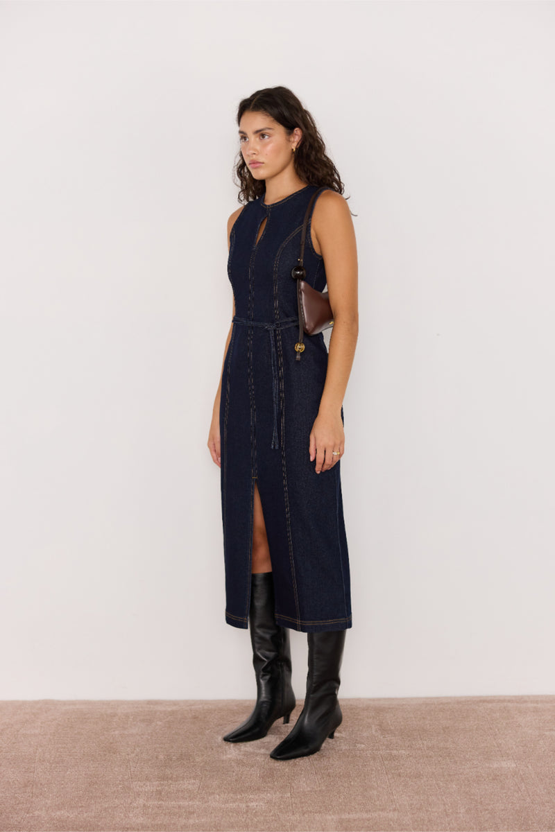 RAYA DENIM BELTED MIDI DRESS