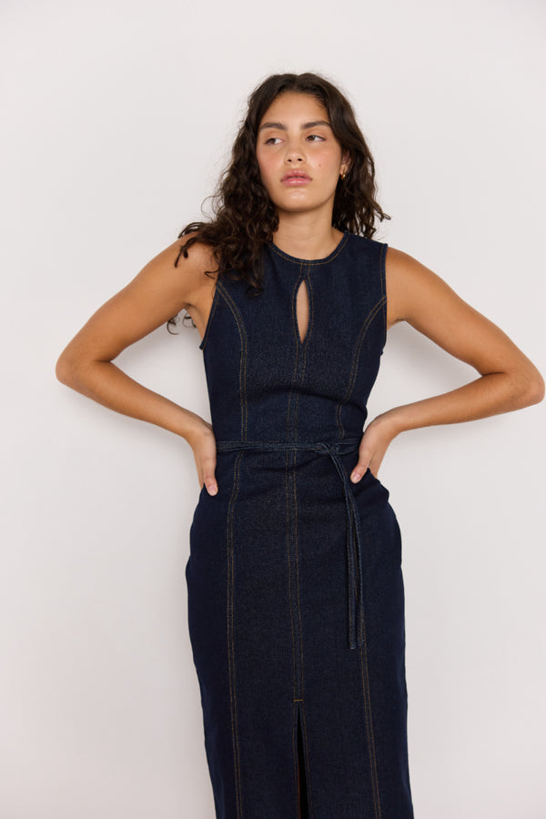 RAYA DENIM BELTED MIDI DRESS